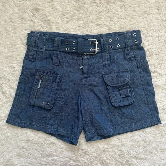 Johnny Was Zuma Denim Shorts Belted Cargo Embroidered 100% Lyocell Sz 8 - Picture 1 of 10